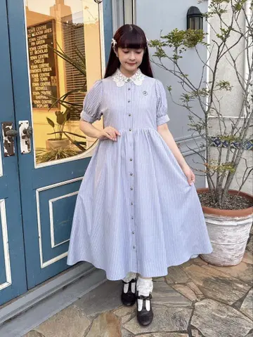 시마무라 아오키 미사코 레이스 카라 스트라이프 셔츠 원피스