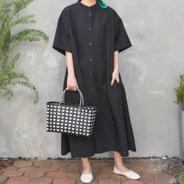 FREAK'S STORE 마오 칼라 반팔 플레어 원피스 블랙