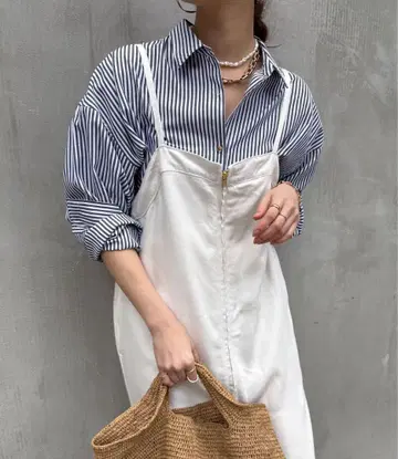DOUDOU 리오셀 데님 멜빵 스커트 화이트
