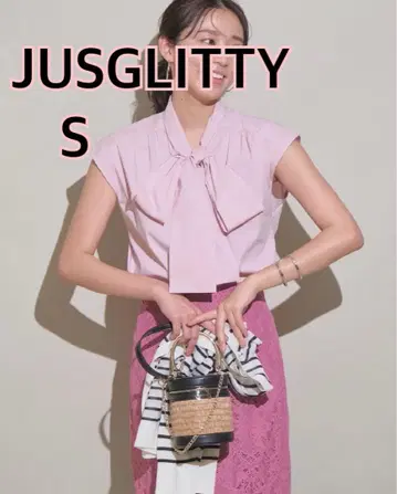JUSGLITTY 핑크 슬리브리스 셔츠 S 사이즈 보타이 블라우스