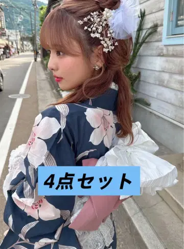 미사용 새상품 인기 유카타 4점 세트 유카타 오비 허리끈 2개