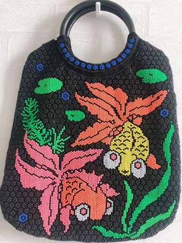 [쇼와 레트로] 비즈 자수 금붕어와 꽃 디자인 백