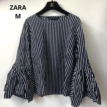 ZARA 자라 자라 우먼 볼륨 소매 스트라이프 블라우스 M 네이비