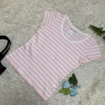새상품급 아녜스베 반팔 티셔츠 화이트 핑크 보더 코튼 일본제 2 M