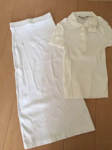 ZARA 프렌치 슬리브 폴로 리브 티셔츠 스커트 세트