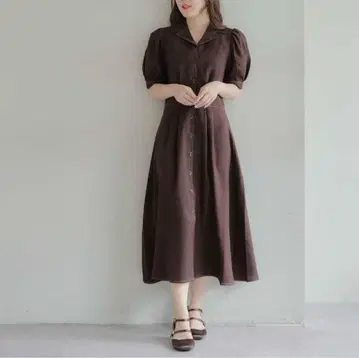 OLIVE does OLIVE 배색 스티치 오픈 카라 원피스 브라운