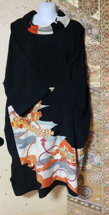 기모노 리메이크 블랙 전통 예복 기모노 길조 마키모노 부채 원피스