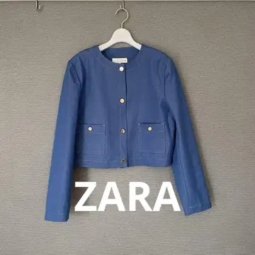 택 포함 새상품 ZARA 자라 노카라 자켓 L 골드 버튼 숏 기장 파랑