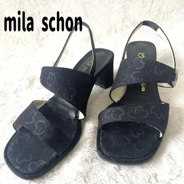 mila schon 블랙 샌들 청키힐 올 로고 무늬