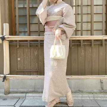 연한 핑크색 원형 무늬 유카타 오비 세트