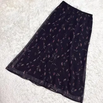 CORDIER 쉬폰 스커트 플레어 꽃무늬 오간자 브라운 (XL)