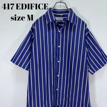 417 EDIFICE 반팔 셔츠 M 블루 화이트 스트라이프 [ 111 ]
