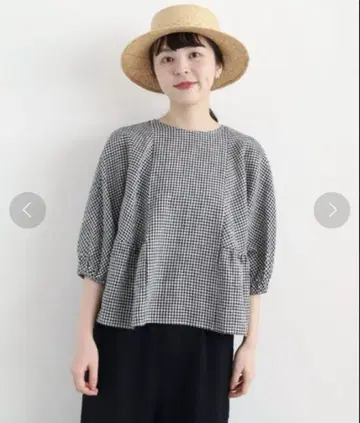 아틀리에 드 사봉 린넨 깅엄 체크 돌먼 절개 블라우스
