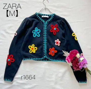 자라 니트 가디건 꽃무늬 자수 숏 플라워 ZARA 네이비 M
