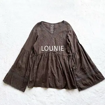 LOUNIE 튜닉 셔츠 브라운 레이스 자수 긴팔 벌룬 슬리브