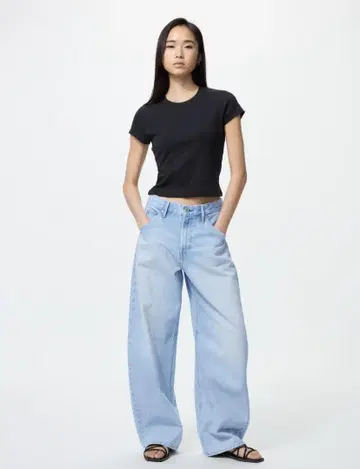 UNIQLO 길이 수선 가능 배기 커브 청바지 22 BLUE 작은 키