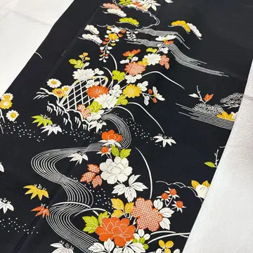 시마카메 순수 실크 수제 호몬기 소나무, 대나무, 매화 블랙