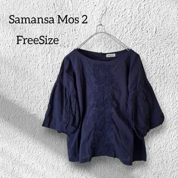Samansa Mos 2 프론트 자수 오부 벌룬 소매 네이비 블라우스