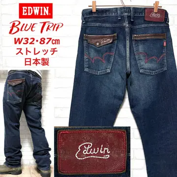 EDWIN BLUE TRIP 소가죽 장식 가죽 패치 데님 팬츠 일본제