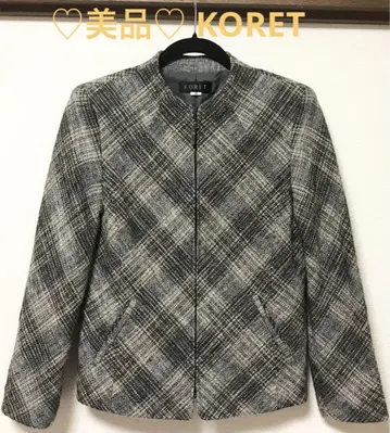 미품 KORET 노카라 그레이 계열 체크 자켓