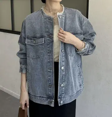 Thevon 노카라 데님 자켓 프린지