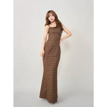 darich 다리치 가죽 리본 체크 롱 원피스