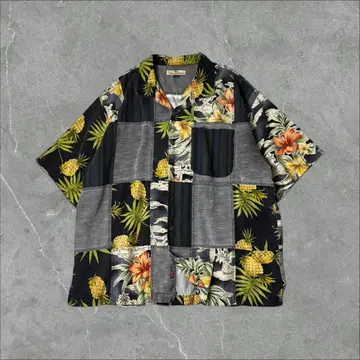 Tommy Bahama 실크 꽃무늬 패치워크 오픈 카라 알로하 셔츠 XL