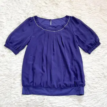 로페 반팔 프릴 블라우스 셔츠 상의 여성용 비쥬 장식 M