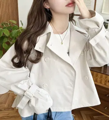 코튼 라이크 트윌 백 튤 티어드 프릴 숏 트렌치코트