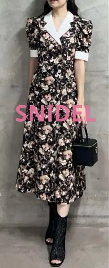 SNIDEL 멀티 프린트 퍼프 슬리브 원피스 BLK/0