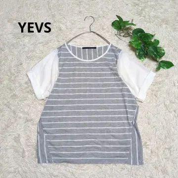 [ YEVS ] 이브스 이소재 절개 반팔 티셔츠 보더 쉬폰 티셔츠