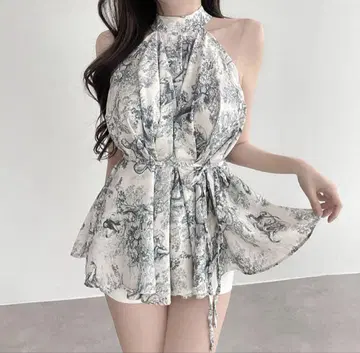 miu 스타일 쉬폰 블라우스 홀터넥 트왈 드 주이 패턴 여름옷 양산형