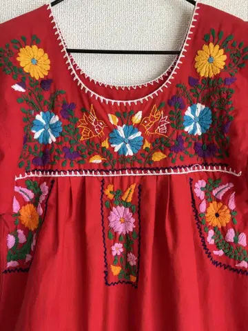 멕시칸 원피스 빨간색 꽃무늬 자수 반팔 원피스