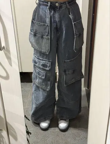 다크 블루 와이드 레그 카고 팬츠