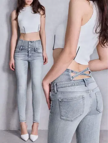 하이웨스트 허리 크로스 스키니 데님 팬츠