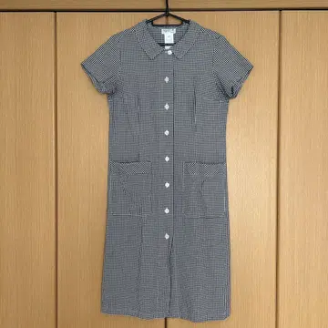 agnes b.PARIS 깅엄 체크 셔츠 원피스 반팔 흰색 검정색 [L]