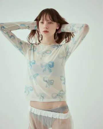 당일 발송 세일 BABY BLUE RIBBON 시스루 TOPS