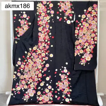 akmx186 순수 실크 후리소데 검은색 펄톤 가공 13호 꽃무늬