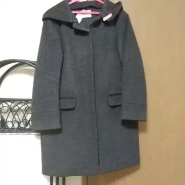 USED 그레이 후드 부착 울 혼방 롱 코트 여성용 a0176