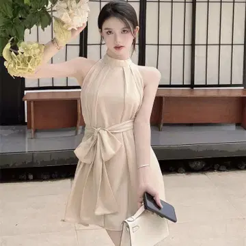 베이지 한국 여성용 원피스 여성용 드레스 라운드넥