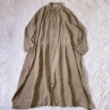이치앤티크 린넨 100% 카라 부착 개더 원피스 베이지 계열 프리