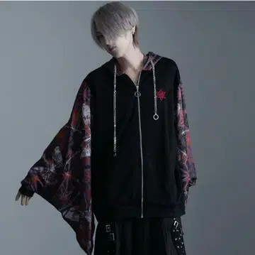 PSYCHO NATION 기모노 슬리브 디자인 지퍼 후드티 빨간색
