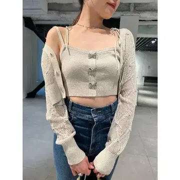 SNIDEL 리본 비쥬 버튼 뷔스티에 가디건 세트