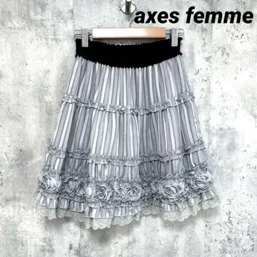 [ 엑시즈팜 ] 플레어 스커트 그레이 장미 디자인 레이스 레트로 걸리시