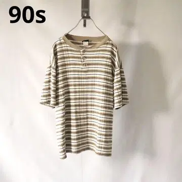 90s USA 제작 브라운 멀티 보더 헨리 티셔츠 구제 티셔츠