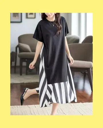 미사용 새상품! 스트라이프 x 블랙 무지 절개 반팔 원피스