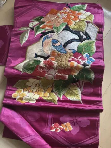나고야 오비 꽃과 새 자수 보라색 앤티크 새