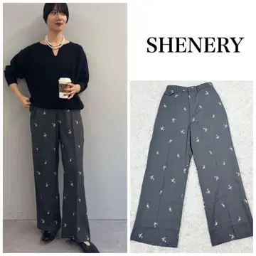 24AW SHENERY 자수 슬랙스 스트레이트 팬츠 그레이 꽃무늬