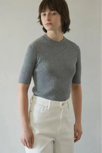 CLANE H/N HALF SLEEVE RIB KNIT TOPS