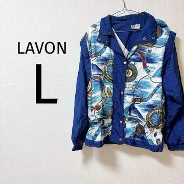 8 LAVON 바다 풍경 프린트 재킷 L 블루 파랑 구제 의류